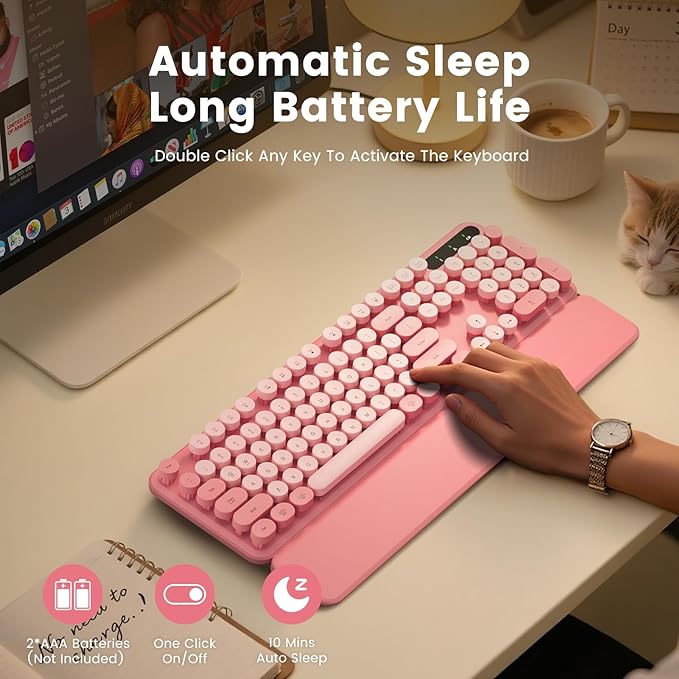 Wireless Keyboard, Round Keycaps, Retro Typewriter Keyboard with Detachable Wrist Rest, Sleep Mode, Foldable Legs, 2.4GHz Full-size Cordless Computer Keyboard for Windows/PC/Laptop (Baby Pink)-DeskLoop Office
