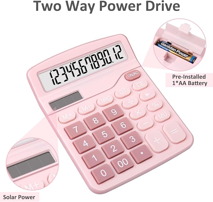 Calculators, Splaks 2 Pack Standard Functional Desktop Calculators Sola and AA Battery Dual Power Electronic Basic Calculator with 12-Digit Large Display for Office, Home, School (1 Blue & 1 Pink)-DeskLoop Office