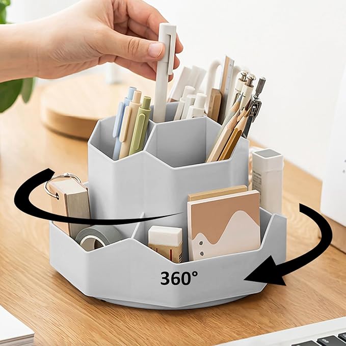 Pencil Pen Holder for Desk, 9 Slots 360 Degree Rotating Desk Organizer, Desktop Storage Pen Organizers Stationery Supplies, Cute Pencil Cup Pot for Office School Home & Art Supplies (Grey)-DeskLoop Office