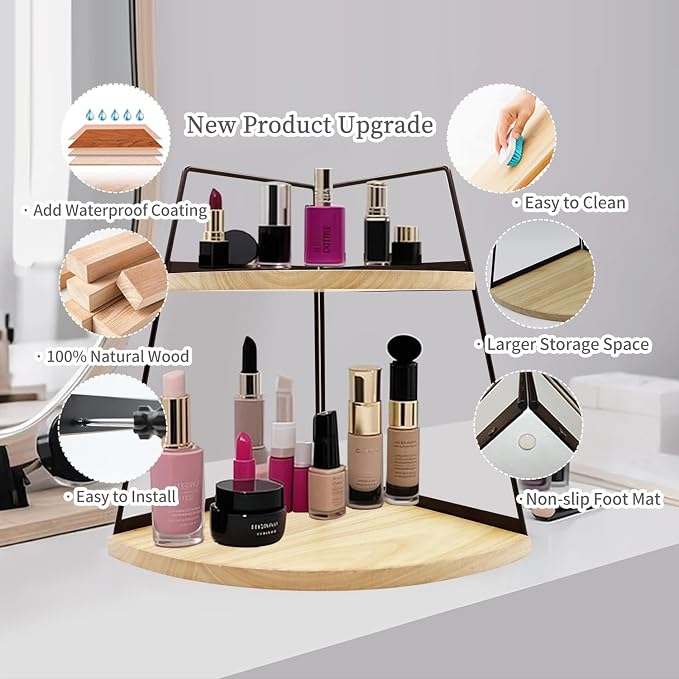 2 Tier Bathroom Counter Organizer, Standing Rack Cosmetic Holder, Wood Bathroom - Image 4
