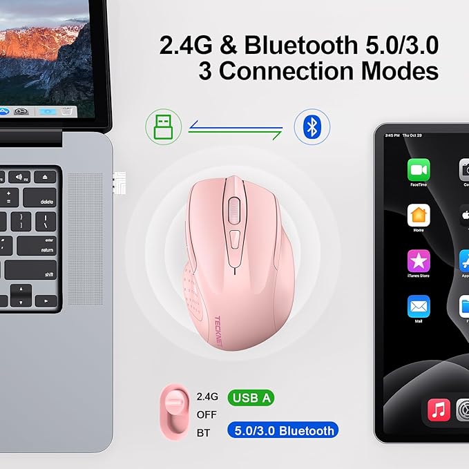 TECKNET Wireless Mouse (BT5.0/3.0 & 2.4G) Rechargeable 4800 DPI Silent USB A & Bluetooth Mouse 6 Buttons, Wide Compatibility - Pink-DeskLoop Office