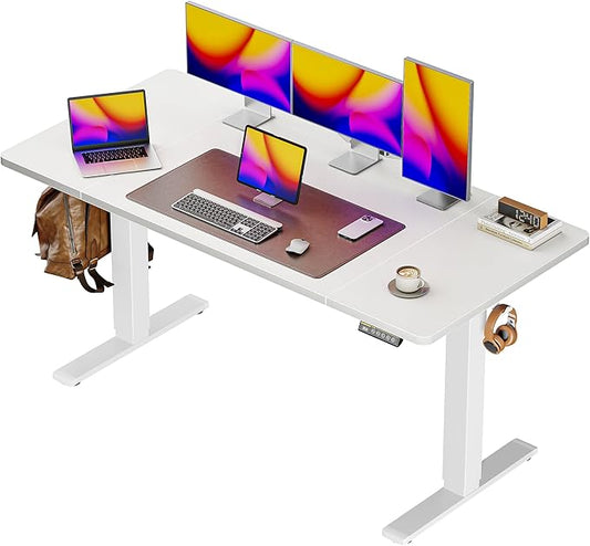 Huuger 55 x 28 Large Electric Standing Desk, Height Adjustable Copmuter Desk, 27.6" Deep Desktop, Stand up Gaming Office Table with 2 Hooks, 3 Preset Heights, for Home Office, White-DeskLoop Office