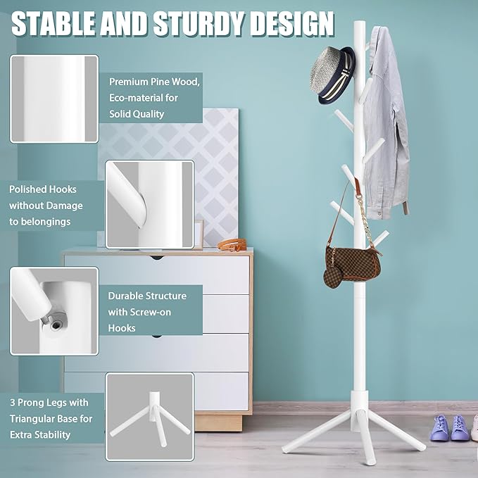Haddockway Wooden Coat Rack Stand with 8 Hooks New Zealand Pine 3 Adjustable Coat Standing Tree Easy Assembly for Coats, Hats, Scarves and Handbags for Entryway, Hallway, Bedroom, Office, white-DeskLoop Office