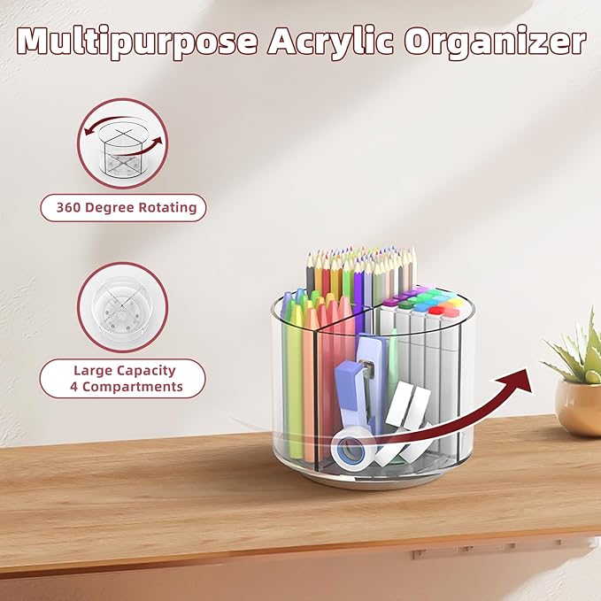 Absonic Pencil Holder for Kids, 360 Rotating Pen Holder for Desk Organizer and Storage, 4 Compartments Art Supply Marker Organizer, Pen Organizer Pencil Holder-DeskLoop Office