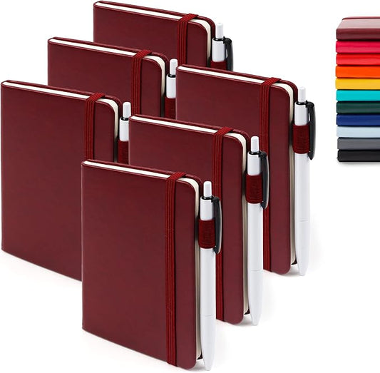 feela 6 Pack Pocket Mini Notebooks Bulk, Small Cute Memo Notepads Hardcover College Ruled Lined Journals with Pen Holder for School Business Work, with 6 Black Pens, 3.5”x 5.5”, A6, Wine-DeskLoop Office