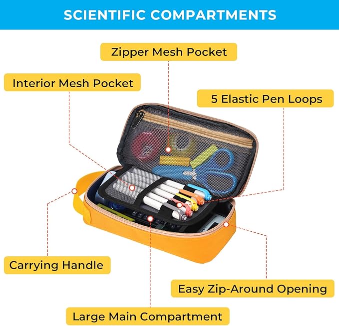 ECHSRT Big Pencil Case, Aesthetic Portable Zipper Pencil Bag with Hidden Pocket, Special Pouch for Men Women Adults, Stationery Organizer Pen Cases for Office Travel, Yellow-DeskLoop Office