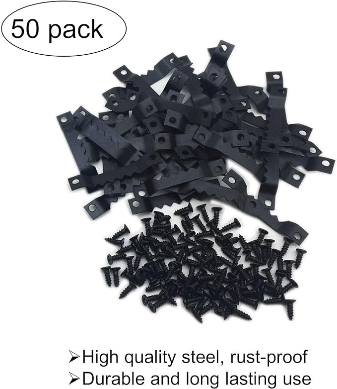 50 Pack Small Sawtooth Picture Hangers - Steel Picture Hanging Solutions with Screws, for Hanging Clock Paintings Artwork Frame Hooks (Black)-DeskLoop Office