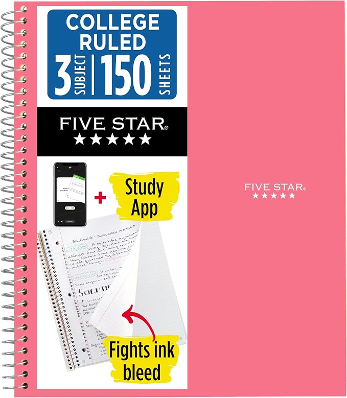 Five Star Spiral Notebook + Study App, 3 Subject, College Ruled Paper, 8-1/2" x by FiveStar