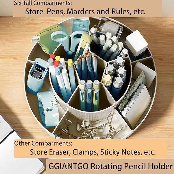 Rotating Desk Organizer, 360° Rotating Pencil Pen Holder for Desk, Desk Organizers and Accessories with 11 Slots Pencil Organizer, Art Supply Storage Box Caddy for Office (Beige)-DeskLoop Office