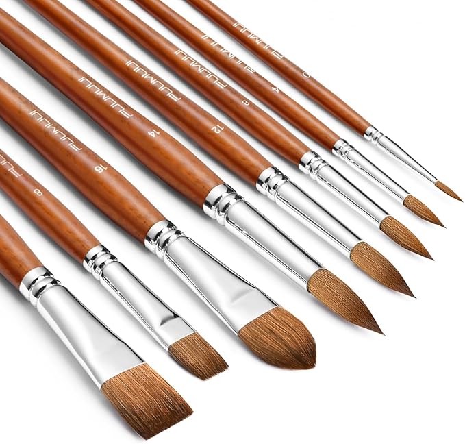 Sable Watercolor Brushes Professional, Fuumuui 8Pcs Sable Brush Set Variety Shapes with Flat, Round Pointed, Liner, Cat's Tongue Oval Wash Perfect for Watercolor Acrylic Gouache Inks Painting-DeskLoop Office