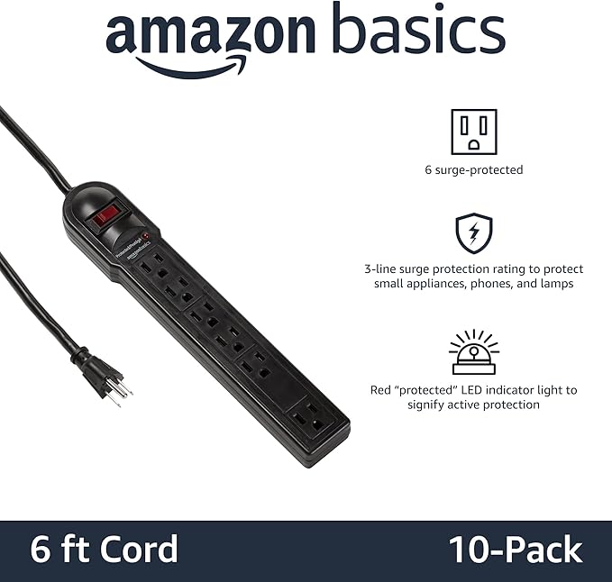 Amazon Basics Surge Protector Power Strip, 6-Outlet, 790 Joules, LED Indicator, 6ft Extension Cord, 10-Pack , Black-DeskLoop Office