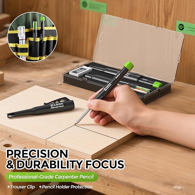 Nicpro Carpenter Pencil with Sharpener, CP3000 Construction Pencils with 6 Refills in a Lead Dispenser, Deep Hole Mechanical Pencil for Construction, Heavy Duty Carpenter Tools for Woodworking Marking