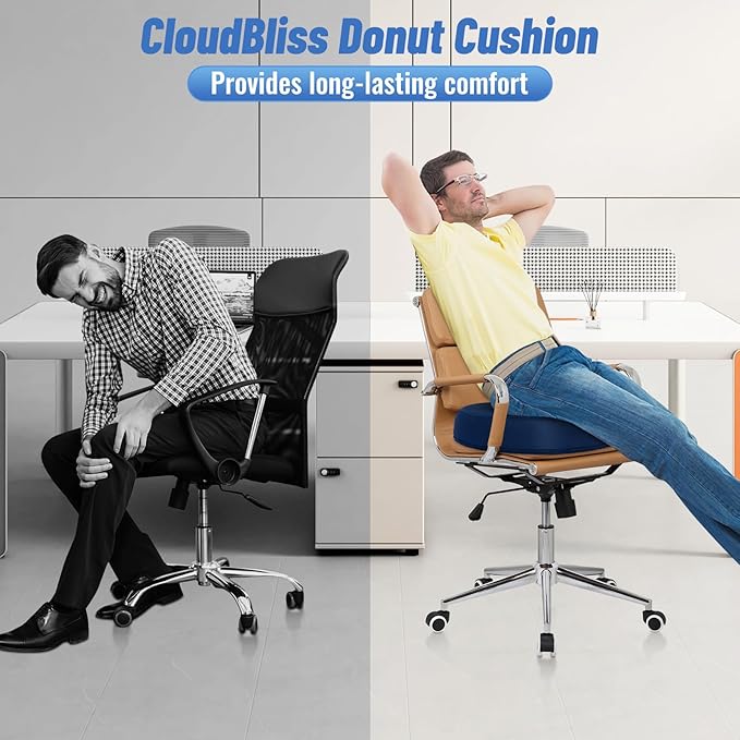 CloudBliss Donut Pillow Seat Cushion for Tailbone Pain Relief and Hemorrhoids, Memory Foam Seat Chair Cushion for Postpartum Pregnancy, Seat Cushions for Men and Women for Home & Office, (Blue-XL)-DeskLoop Office
