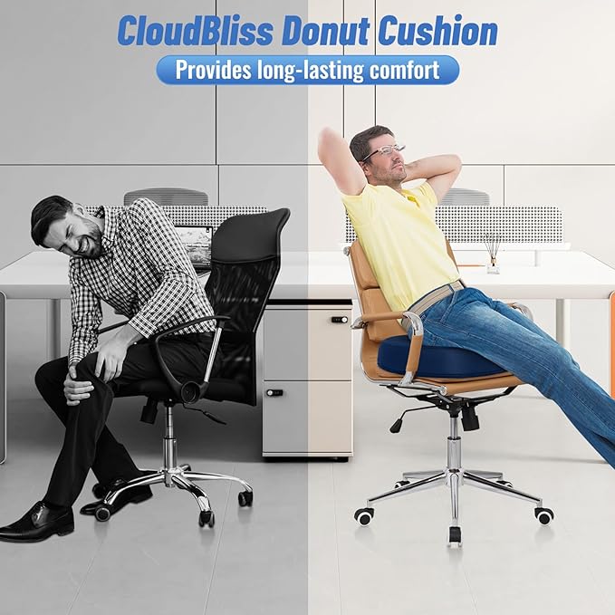 CloudBliss Donut Pillow Seat Cushion for Tailbone Pain Relief and Hemorrhoids, Memory Foam Chair Cushion for Postpartum Pregnancy, Seat Cushions for Men and Women for Home & Office, (Blue)-DeskLoop Office