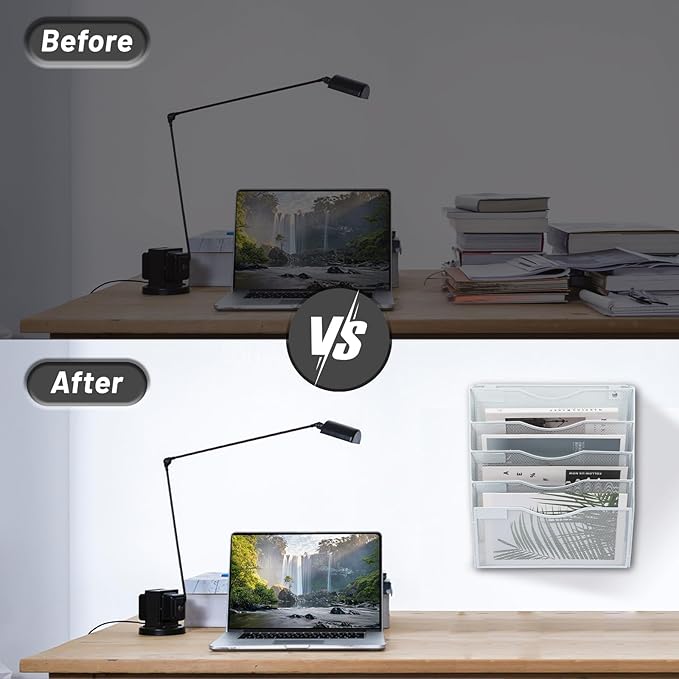 EASEPRES 5 Pocket Mesh Hanging Wall File Organizer, Wall Mounted Mail Paper Document Folder Holder, Clipboard Storage Organization Magazine Rack with Nametag Label for Office Home School, White-DeskLoop Office