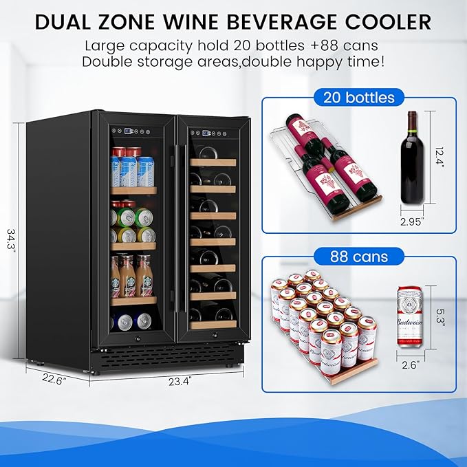 24 Inch Wine and Beverage Refrigerator Under Counter, Dual Zone Black Beverage Fridge with Glass Door&Lock,20 Bottles & 88 Cans Wine and Beverage Cooler, Freestanding Mini Fridge for Bedroom Home-DeskLoop Office
