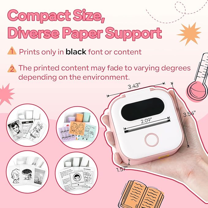 Sticker Printer Machine, Print Pods Mini Maker with 1 Roll Paper, Mini Portable Sticker Maker Y02C, Bluetooth Inkless for Phone, Thermal Portable Machine for Journal, Note, Photos, Learning-DeskLoop Office