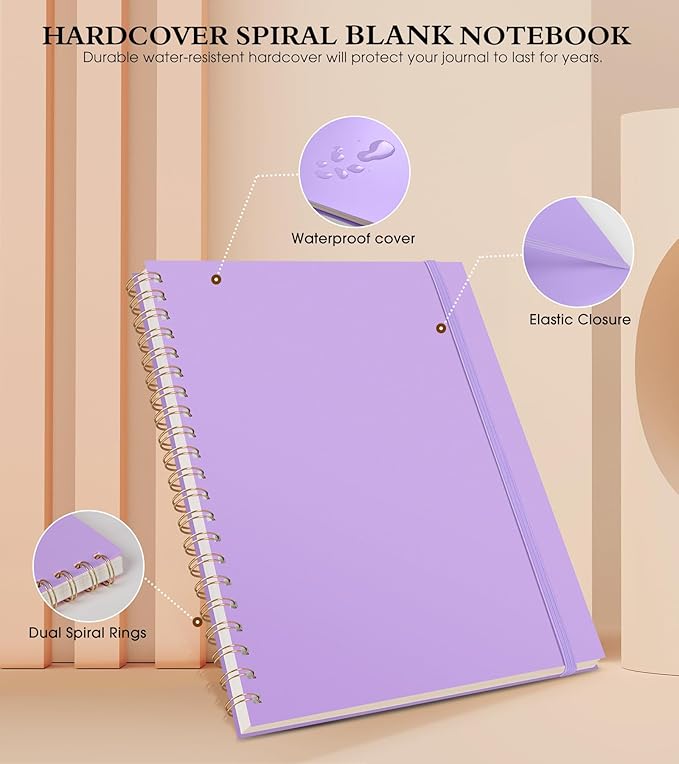 Blank Spiral Notebook Journal 8.5” x 11”, A4 Large Sketch Book for Women Men, 100 GSM Blank Paper Drawing Notebook, Plastic Hardcover Spiral Bound Sketchbook for Sketching Work School Writing, Purple-DeskLoop Office