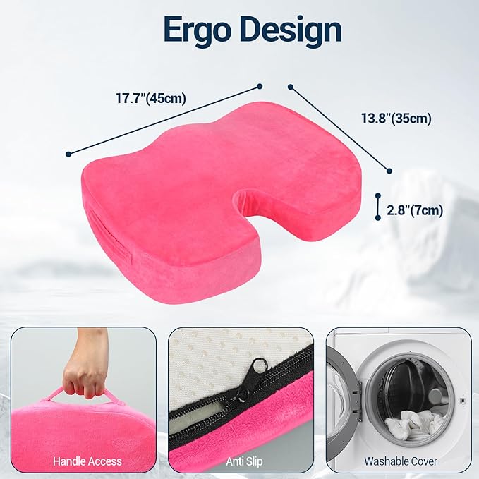 Gel Seat Cushion for Car Office - Memory Foam Pain Relief Chair Pillow Cushions - Tailbone Sciatica Coccyx Butt Lumbar Support Pad for Sitting Driving Traveling, Velvet, Pink-DeskLoop Office