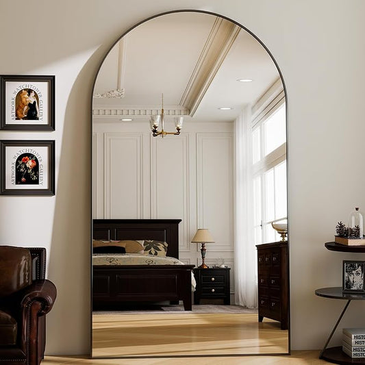 GLSLAND 72" x 44" Arched Full Length Mirror - Oversized Aluminum Alloy Frame Full Body Floor Mirrors with Stand Wall Mounted for Bedroom/Living Room, Black-DeskLoop Office