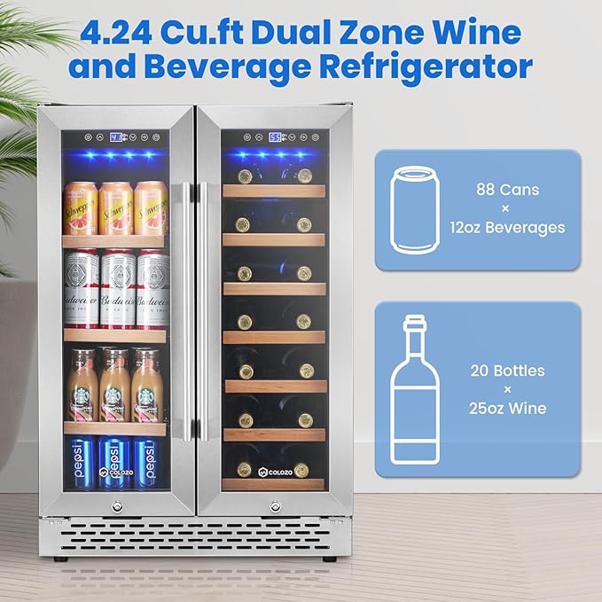 24 Inch Wine and Beverage Refrigerator Under Counter, Dual Zone 20 Bottles & 88 Cans Beverage Fridge with Stainless Steel Tempered Glass Door, Built-in/Freestanding Mini Fridge for Office/Bar/Kitchen-DeskLoop Office