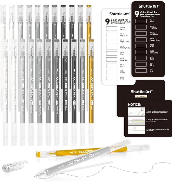 Shuttle Art Colored Pens, 22 Black White Gray & Metallic Tone Colors Cute by ShuttleArt