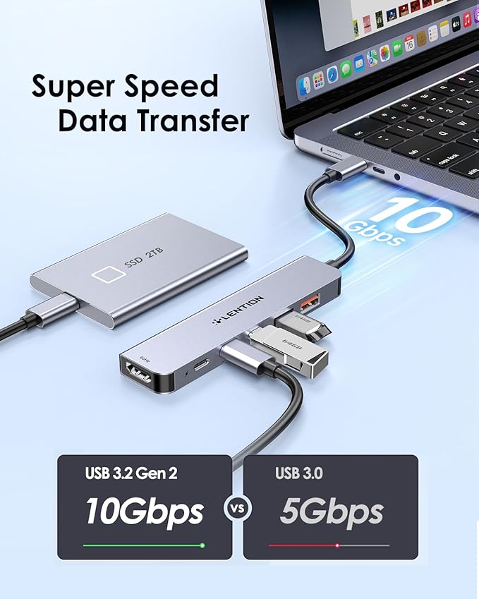 LENTION USB C Hub with 4K@60Hz HDMI, 2 USB C and 2 USB 3.2 Gen2 Transfer Data in 10Gbps Max, 100W Charging, for MacBook Pro M4, Mac Air, iPhone 15, Windows, More, Stable Driver Adapter (CE37 Gray)-DeskLoop Office