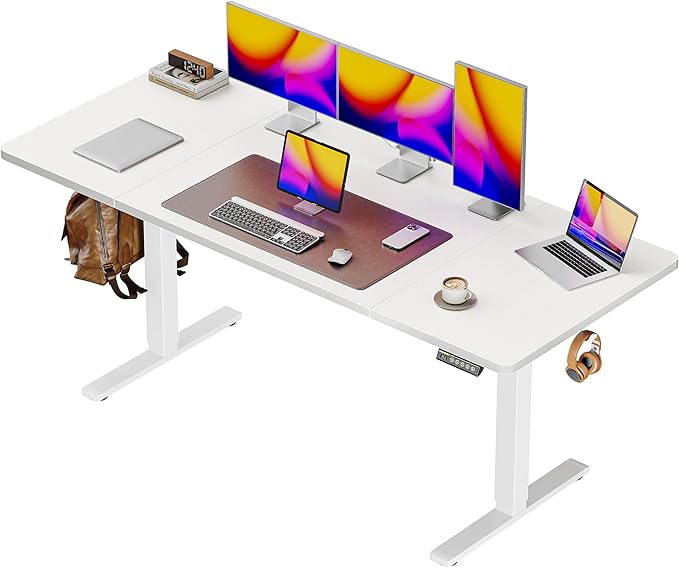 Huuger 63 x 28 Large Electric Standing Desk, Height Adjustable Computer Desk, 27.6" Deep Desktop, Stand up Gaming Office Table with 2 Hooks, 3 Preset Heights, for Home Office, White-DeskLoop Office