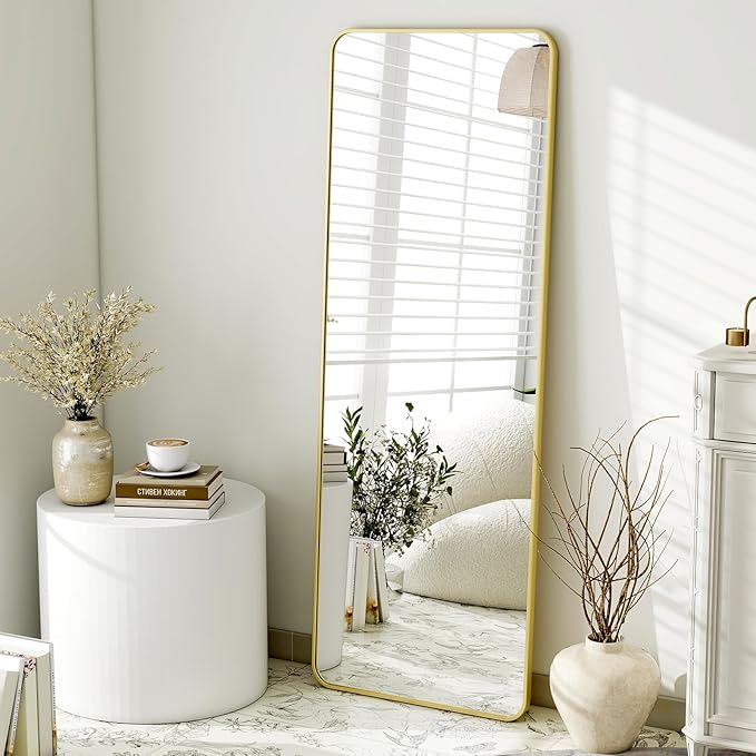HARRITPURE 56" x 21" Rounded Full Length Mirror Aluminum Frame Gold Mirror Full Length Floor Mirror with Stand for Living Room Bedroom Cloakroom-DeskLoop Office