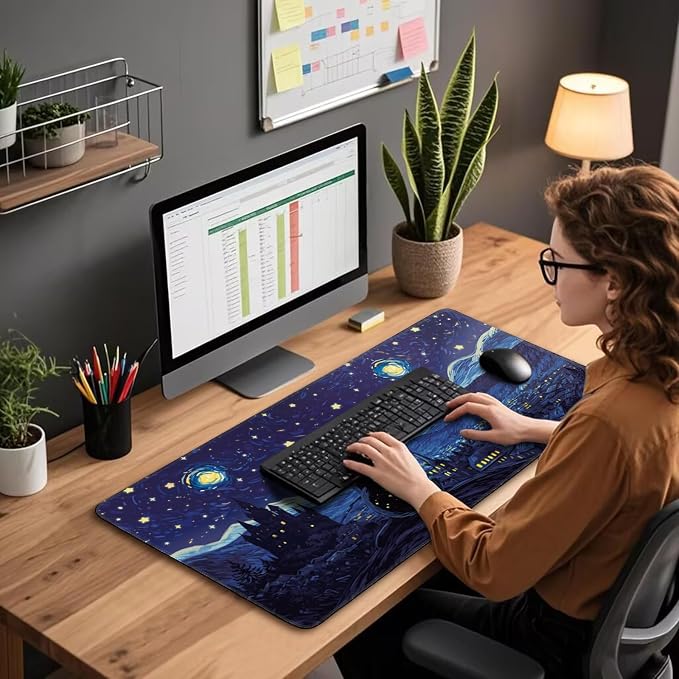 Starry Night Cat Large Mouse Pad, 31.5"x15.7" Desk Mat, Anti-Slip Rubber Base - Image 3