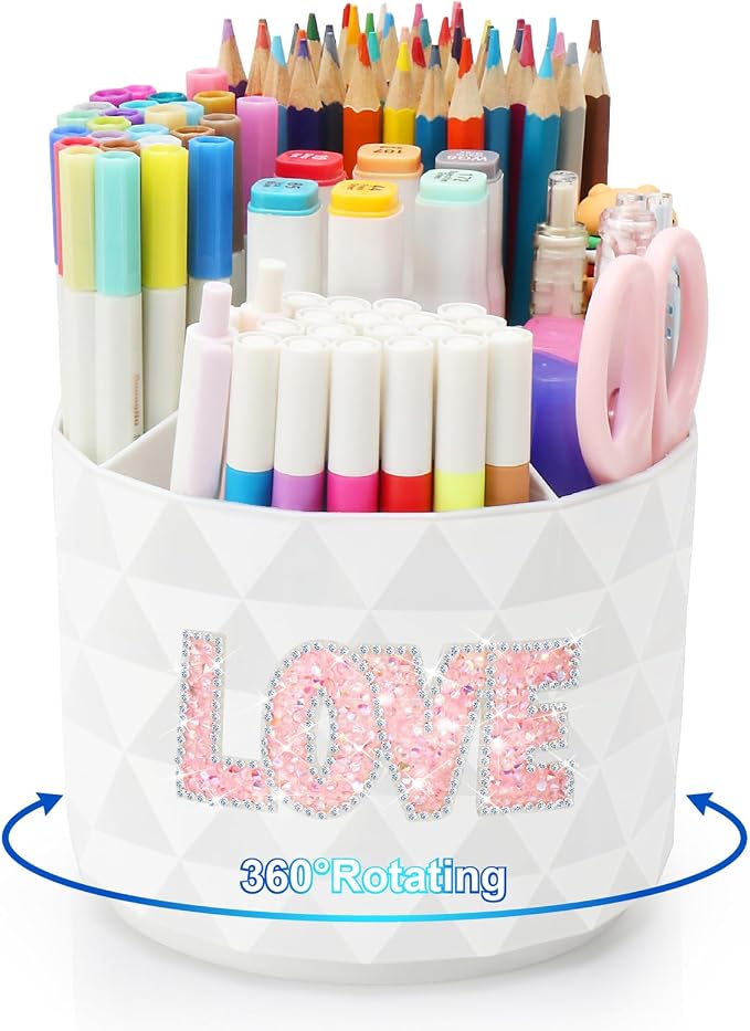 Bling Desk Organizer, Glitter Love Rhinestone Rotating Pencil Pen Holders - Image 9