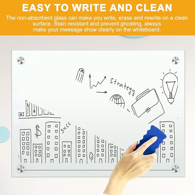 H-Qprobd Dry Erase White Board for Wall 72"x40" Magnetic Glass Frameless Whiteboard Mount for Home School Supplies or Home Office Decor, Includes 8 Magnets, 8 Markers and 2 Erasers-DeskLoop Office