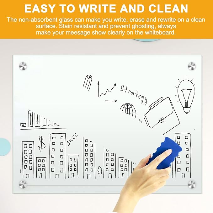 H-Qprobd Glass Whiteboard 60"x40" Magnetic Dry Erase White Board for Wall, Includes 12 Magnets, 8 Markers and 2 Erasers-DeskLoop Office