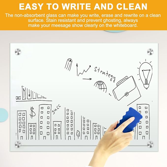 H-Qprobd Dry Erase White Board for Wall 72"x40" Magnetic Glass Frameless - Image 2
