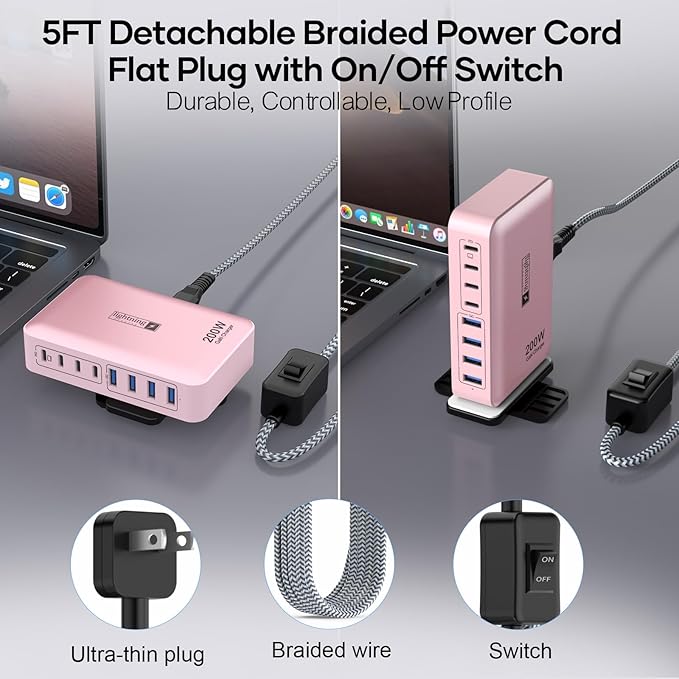 8-Port USB C Fast Charger Block 200W with Flat Plug, Braided Power Cord, and On/Off Switch- USB Charging Hub for iPhone, iPad, MacBook and More- 65W C Port Power Adapter for Laptops-DeskLoop Office
