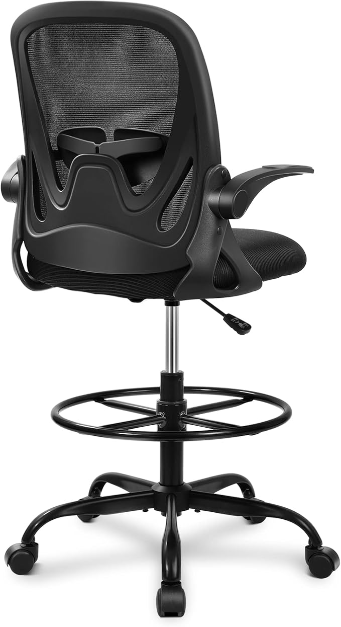 Primy Drafting Chair Tall Office Chair with Flip-up Armrests Executive Ergonomic Computer Standing Desk Chair with Lumbar Support and Adjustable Footrest Ring (Black)-DeskLoop Office