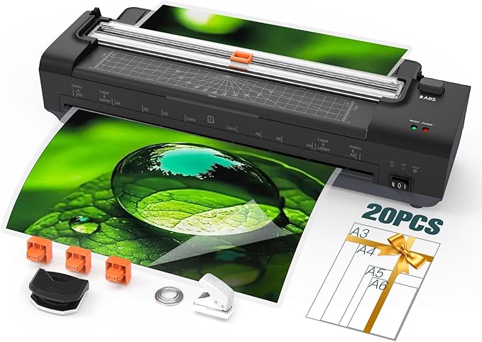 13 Inch Laminator Machine with Auto Paper Feed, Never Jam A3 Thermal & Cold Lamination, 20 Laminating Sheets, 10-in-1 Laminator with Cutter, Trimmer & Corner Rounder for Office School Home Use Black-DeskLoop Office