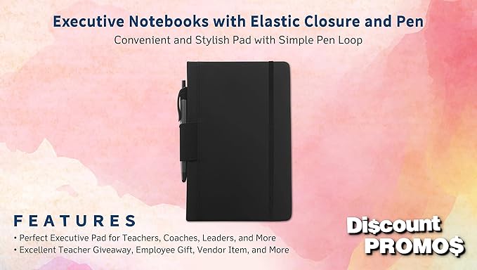 DISCOUNT PROMOS 10 Executive Notebooks with Pen Pack - 6 x 8.5 inches, Recycled, Pen Loop, Closure Strap - Black-DeskLoop Office