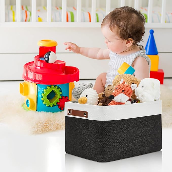DULLEMELO Canvas Storage Bin with Handles, Fabric Bins for Shelves, Bedroom, Office,Nursery,Fabric Storage Baskets for Toys, Clothes,Gift(3-Pack Medium-15 inch X 11 inch X 9.5 inch , White&Black)-DeskLoop Office