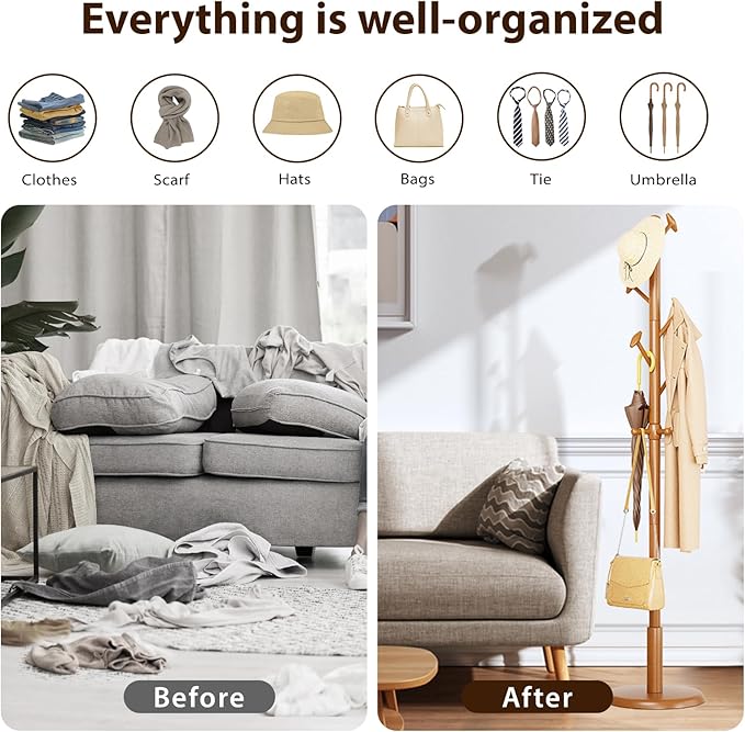 Solid Wood Coat Rack Freestanding Coat Tree with 10 Hooks for Bedroom, Livingroom, Entryway, Sturdy Coat Hanger Stand for Hats, Coats, Scarves, Handbags, Purses-DeskLoop Office