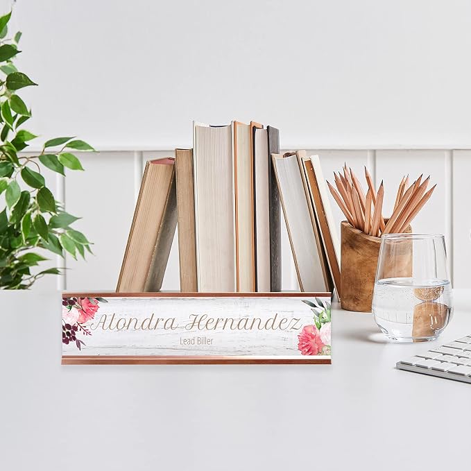Personalized Rustic Floral Desk Plate / 8" x 2" Desk Sign/Faux Wood Pattern - Image 4
