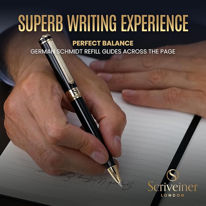 Scriveiner Black Lacquer Ballpoint Pen -Stunning Luxury Pen, Real Gold Plating, Schmidt Black Refill, Best Gift Set for Men & Women, Professional Executive Office, Nice Fancy Designer Pens-DeskLoop Office