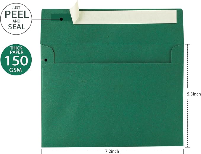 Green Envelopes, 50 Pack, 5 x 7 Inch, Dark Green, 120gsm Paper - Image 3