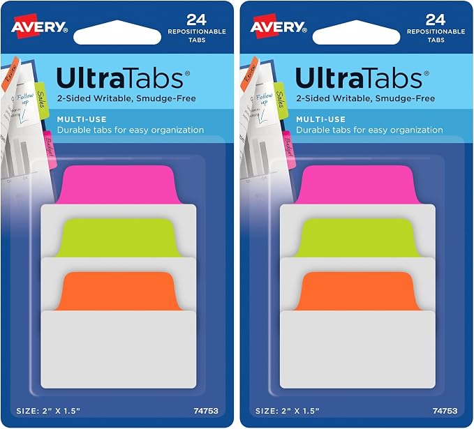 Avery Multiuse Ultra Tabs, 2-Side Writable, Neon Pink/Green/Orange, 24 by Avery