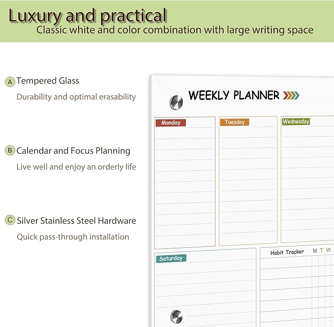 Glass Weekly Dry Erase Board for Wall 16"X 12", Colorful Weekly Calendar - Image 3