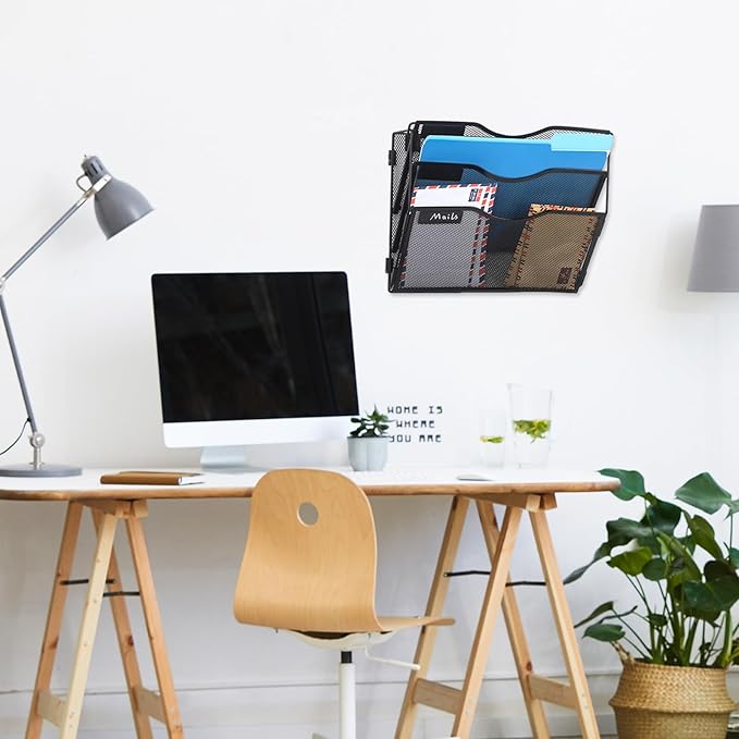 EASEPRES 3 Pocket Mesh Hanging Wall File Organizer with Hangers & Nametag Label, Wall Mounted Mail Paper Document Folder Holder, Clipboard Storage Organization Magazine Rack for Office Cubicle, Black-DeskLoop Office