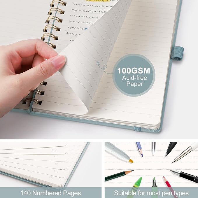 AHGXG Lined Spiral journaling notebooks With Numbered Pages, Hardcover Leather College Ruled Notebook 5.7" x 8.3" A5, light ivory Paper, Notebooks for School Work, Journals for Women,GrayBlue-DeskLoop Office