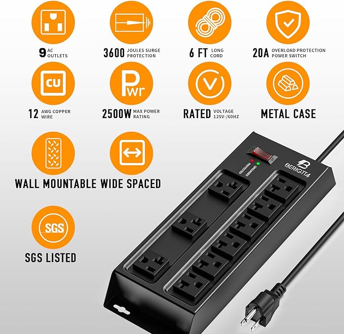 Heavy Duty Metal Power Strip, 20 AMP Surge Protector with 9 Outlets, 12 Gauge Industrial Strength for Shop & Garage Use, 6 FT Extension Cord Included, Durable T-Slot Design (6FT)-DeskLoop Office