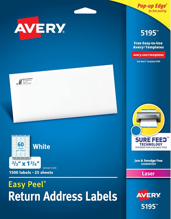 Avery Printable Return Address Labels, Sure Feed Technology, 2/3" x 1-3/4" by Avery