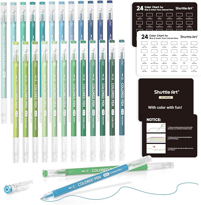 Shuttle Art Colored Pens, 24 Blue & Green Tone Colors Cute Journal Pens 0.6mm by ShuttleArt